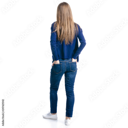 Woman in jeans on white background isolation, back view