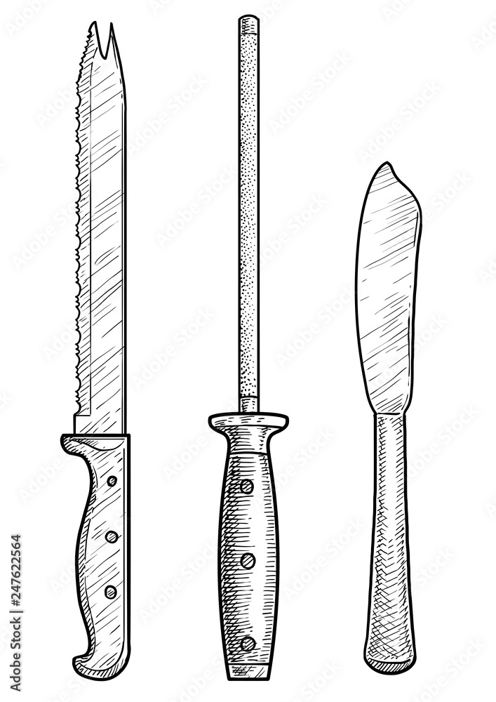 Bread knife, sharpener, table, serving, butter knife illustration, drawing,  engraving, ink, line art, vector Stock Vector