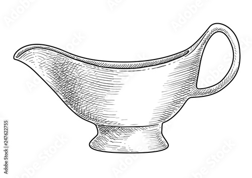Sauce boat, gravy boat illustration, drawing, engraving, ink, line art, vector