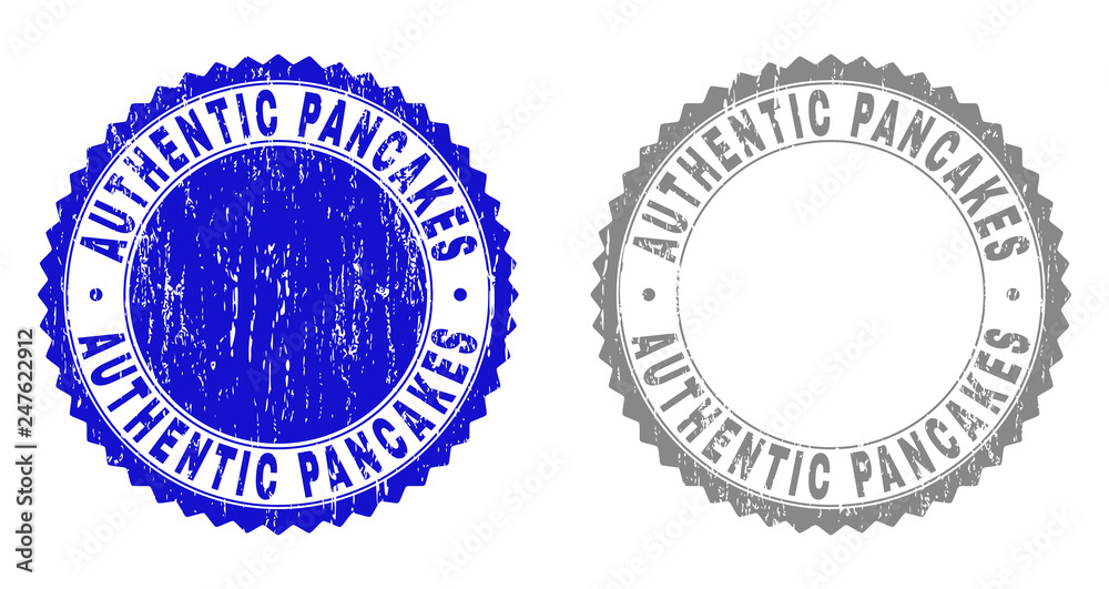 Obraz premium Grunge AUTHENTIC PANCAKES stamp seals isolated on a white background. Rosette seals with grunge texture in blue and grey colors.