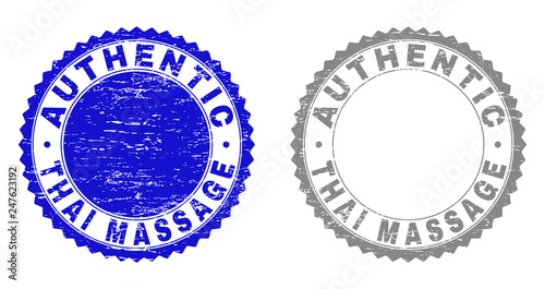 Grunge AUTHENTIC THAI MASSAGE stamp seals isolated on a white background. Rosette seals with grunge texture in blue and gray colors.