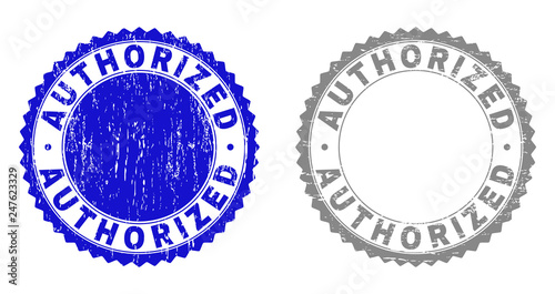 Grunge AUTHORIZED stamp seals isolated on a white background. Rosette seals with grunge texture in blue and grey colors. Vector rubber imprint of AUTHORIZED caption inside round rosette.