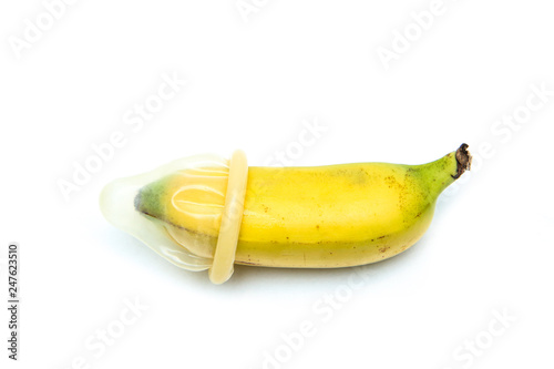 A picture of a baby banana with a normal regular condom. Showing the problem of small or micro penises