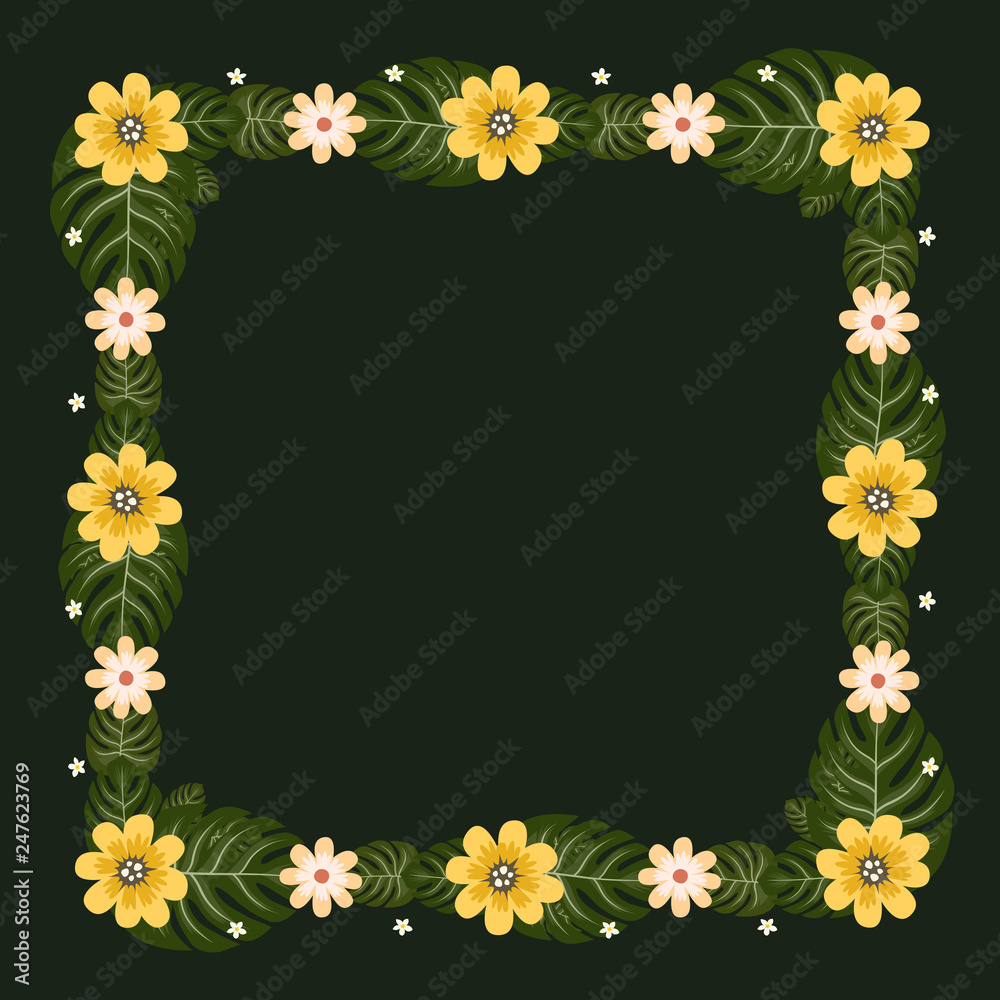 Floral greeting card and invitation template for wedding or birthday anniversary, Vector square shape of text box label and frame, Summer flowers wreath ivy style with branch and leaves. Floral greeting card and invitation template for wedding or birthday anniversary, Vector square shape of text box label and frame, Summer flowers wreath ivy style with branch and leaves.