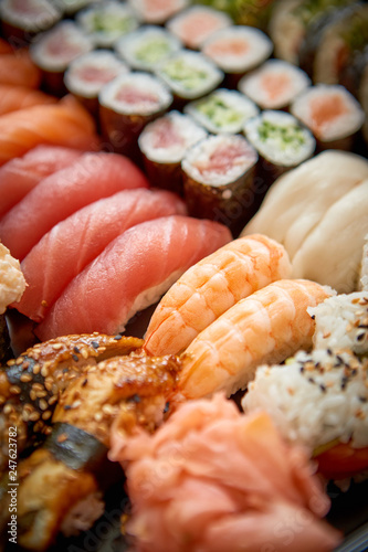 Close up of various types of japanese fresh prepared sushi.
