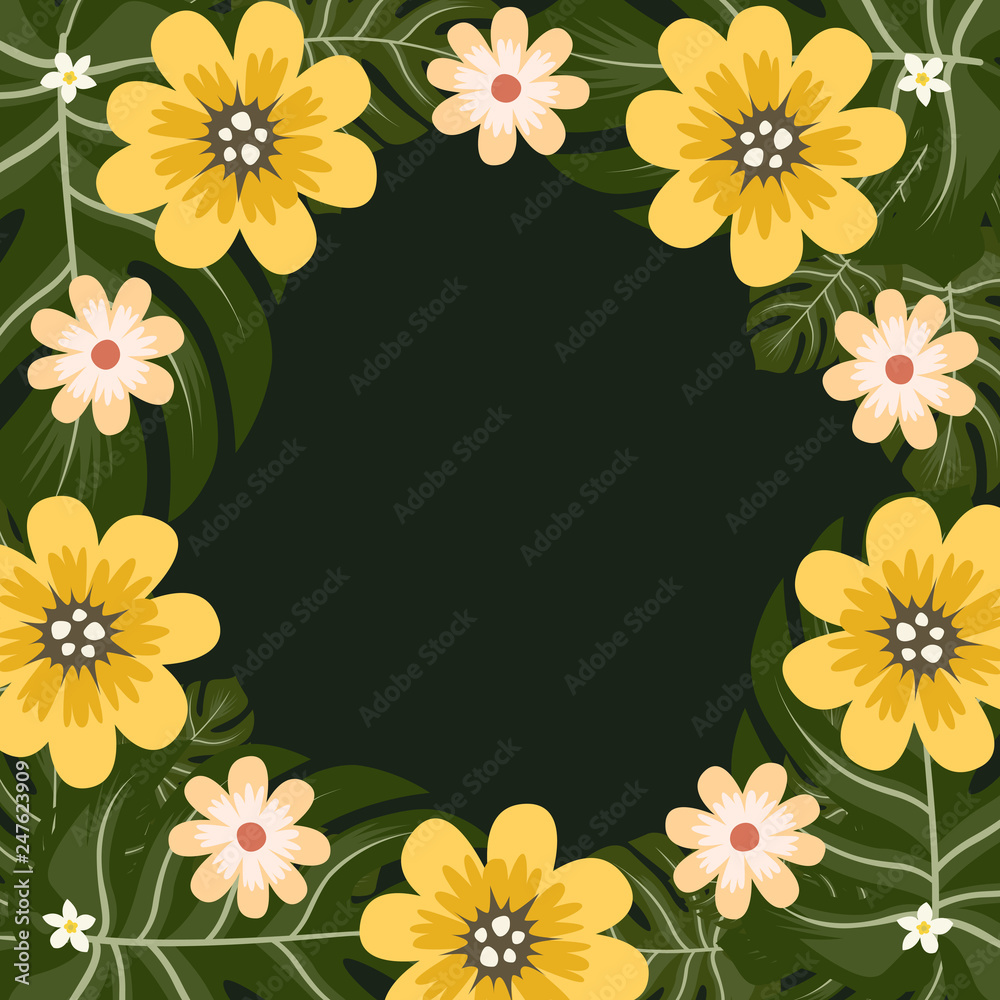 Floral greeting card and invitation template for wedding or birthday anniversary, Vector circle shape of text box label and frame, Summer flowers wreath ivy style with branch and leaves. Floral greeting card and invitation template for wedding or birthday anniversary, Vector circle shape of text box label and frame, Summer flowers wreath ivy style with branch and leaves.