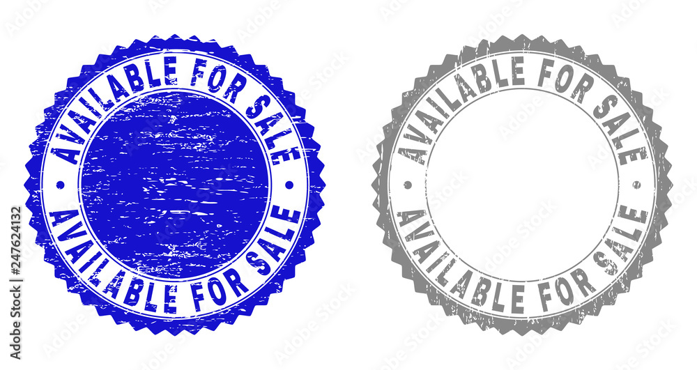Grunge AVAILABLE FOR SALE stamp seals isolated on a white background. Rosette seals with grunge texture in blue and grey colors. Vector rubber watermark of AVAILABLE FOR SALE tag inside round rosette. Grunge AVAILABLE FOR SALE stamp seals isolated on a white background. Rosette seals with grunge texture in blue and grey colors. Vector rubber watermark of AVAILABLE FOR SALE tag inside round rosette.