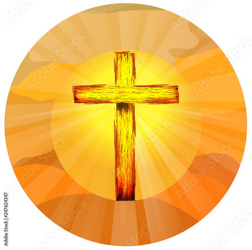 Cross gold and orange in color, a symbol of Christ's crucifixion and resurrection in front of a bright yellow circle with light rays and an abstract background of hills and sky at sun rise.   