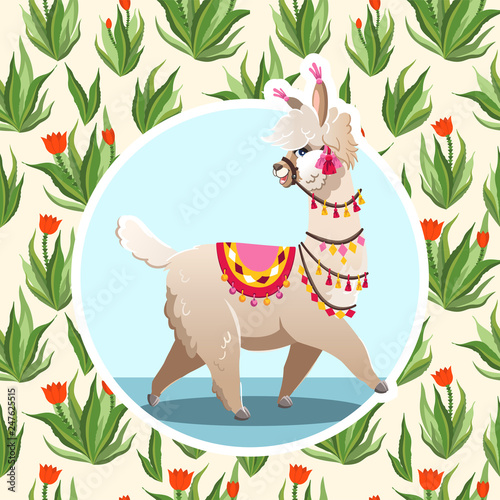 Illustration with llama and cactus plants. Vector seamless pattern on botanical background. Greeting card with Alpaca.