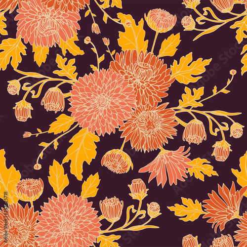 Seamless background with chrysanthemums in sketch style. Beautiful flowers pattern.