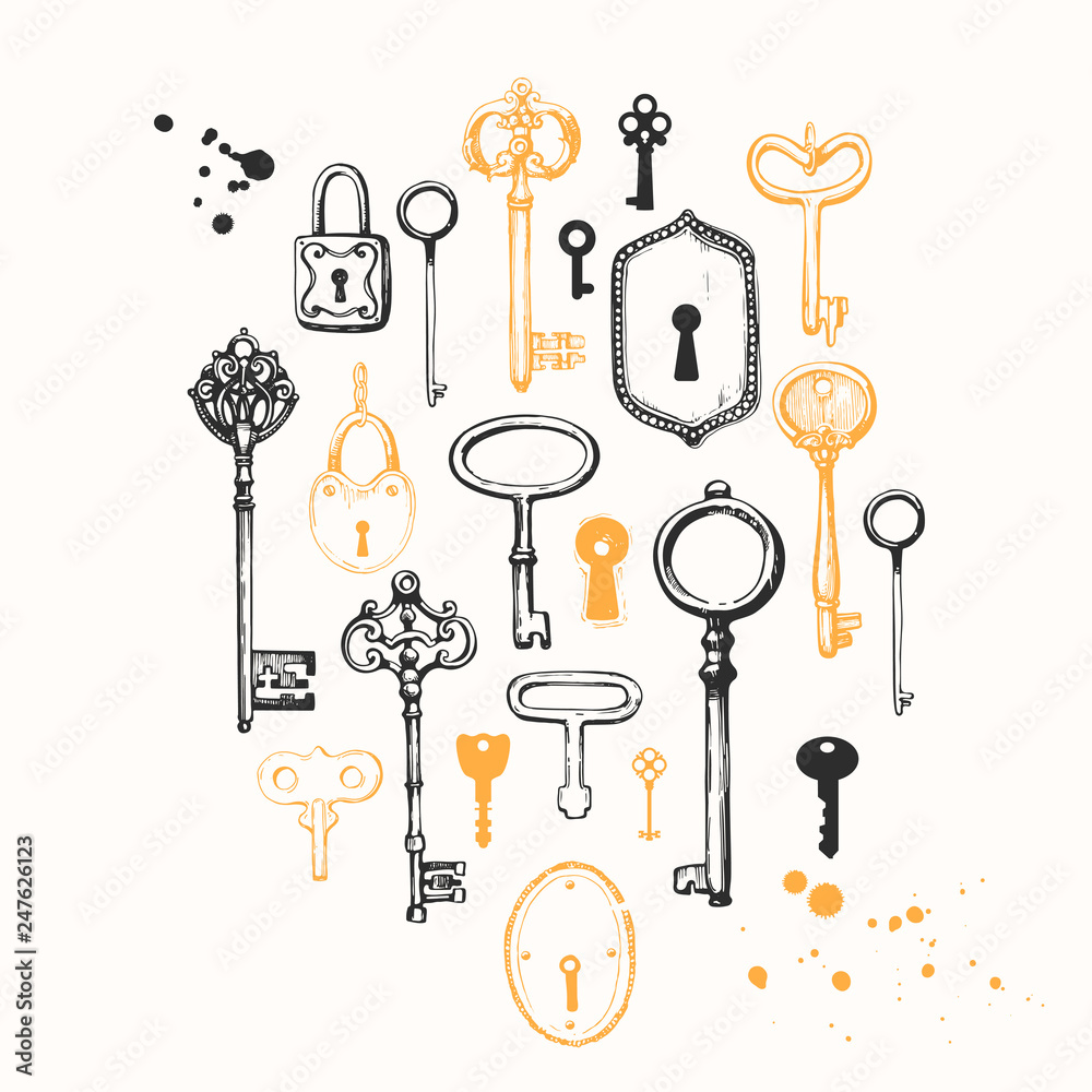 Vector set of hand-drawn antique keys. Illustration in sketch style on white background. Old design Vector set of hand-drawn antique keys. Illustration in sketch style on white background. Old design