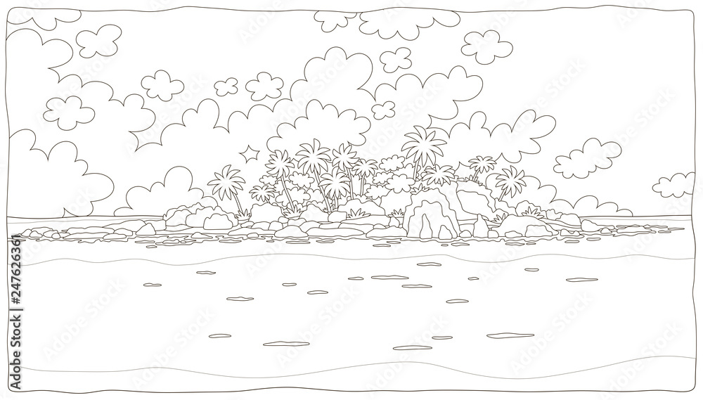 Small desert island with rocks and palms in a tropical sea, black and white vector illustration in a cartoon style for a coloring book Small desert island with rocks and palms in a tropical sea, black and white vector illustration in a cartoon style for a coloring book