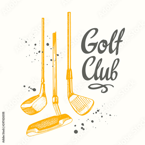 Golf. Vector set of hand-drawn sports equipment. Illustration in sketch style on white background. Brush calligraphy elements for your design. Handwritten ink lettering.
