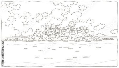 Small desert island with rocks and palms in a tropical sea, black and white vector illustration in a cartoon style for a coloring book