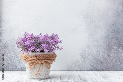 Fototapeta Naklejka Na Ścianę i Meble -  Small purple flowers in gray ceramic pots on stone background Rustic style