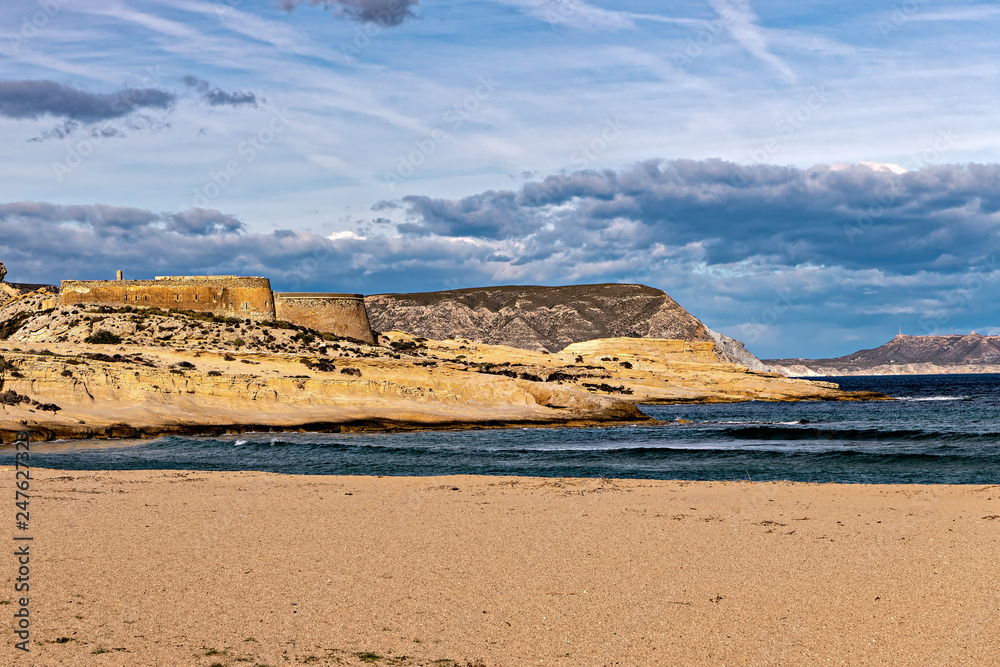 Pristine Cabo de Gata natural park beach on the Mediterranean sea.