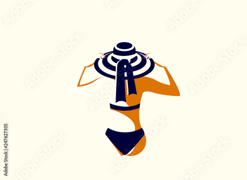 Vintage vector illustration in minimal style of girl in a hat sunbathing on the beach in summer