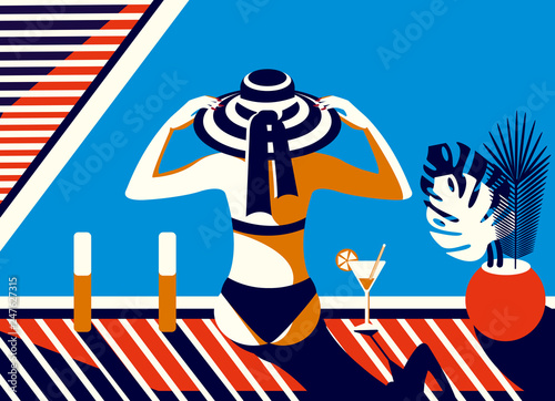 Vector illustration in retro style. A girl in a hat sits by the pool, sunbathes and relaxes on a sunny summer day