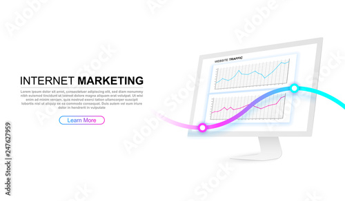 White computer screen with website traffic charts. Internet marketning concept. Stock market data. Trend of graph. Big Data. Modern computer technology in business.