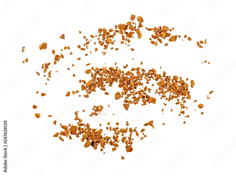 Granulated instant coffee on a white background, top view.