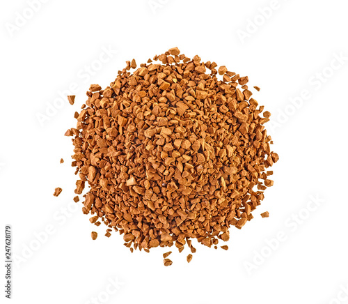Heap of instant coffee isolated on white background  top view.