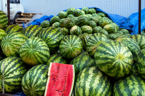 Counter sales of watermelons in the vegetable market