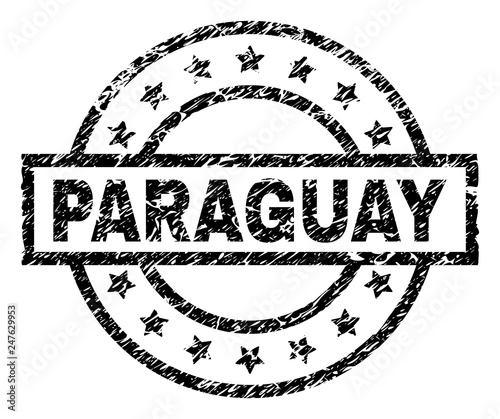 PARAGUAY stamp seal watermark with distress style. Designed with rectangle, circles and stars. Black vector rubber print of PARAGUAY title with dirty texture.