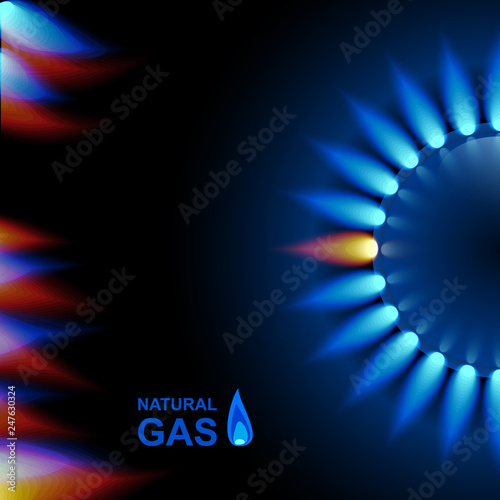 Gas flame with blue reflection on dark backdrop. Vector background. EPS 10
