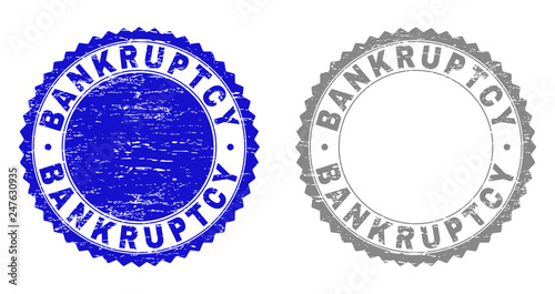 Grunge BANKRUPTCY stamp seals isolated on a white background. Rosette seals with distress texture in blue and grey colors. Vector rubber imitation of BANKRUPTCY text inside round rosette.