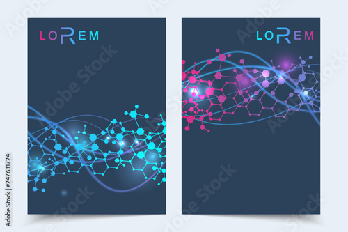 Scientific brochure design template. Vector flyer layout, Molecular structure with connected lines and dots. Scientific pattern atom DNA with elements for magazine, leaflet, cover, poster design.