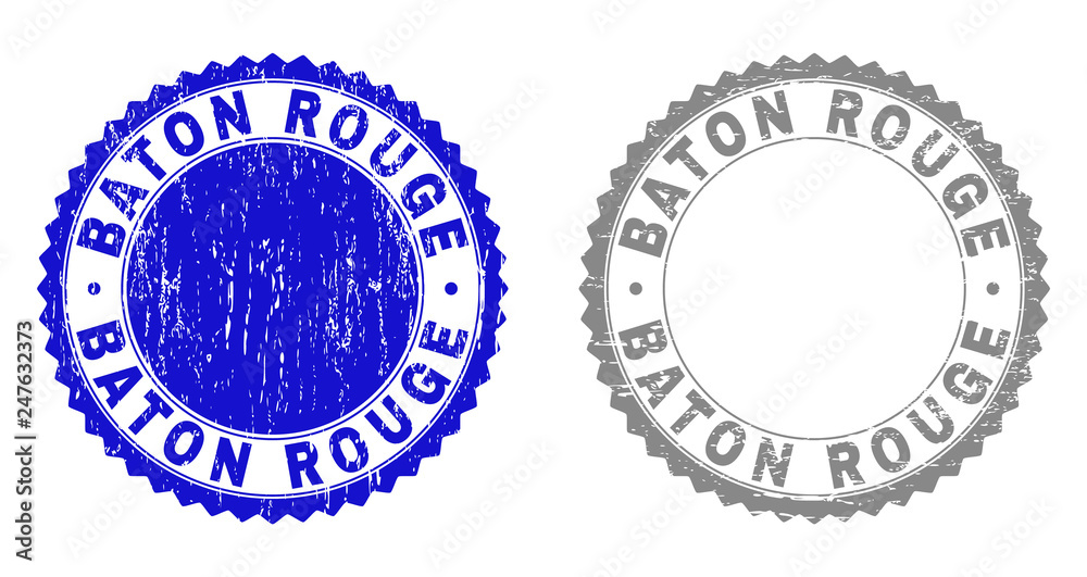 Grunge BATON ROUGE stamp seals isolated on a white background. Rosette seals with grunge texture in blue and grey colors. Vector rubber overlay of BATON ROUGE caption inside round rosette.