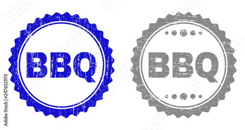 Grunge BBQ stamp seals isolated on a white background. Rosette seals with grunge texture in blue and gray colors. Vector rubber overlay of BBQ tag inside round rosette.