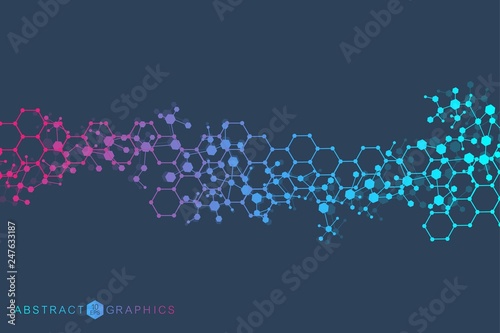 Structure molecule and communication. Dna, atom, neurons. Scientific concept for your design. Connected lines with dots. Medical, technology, chemistry, science background. Vector illustration.