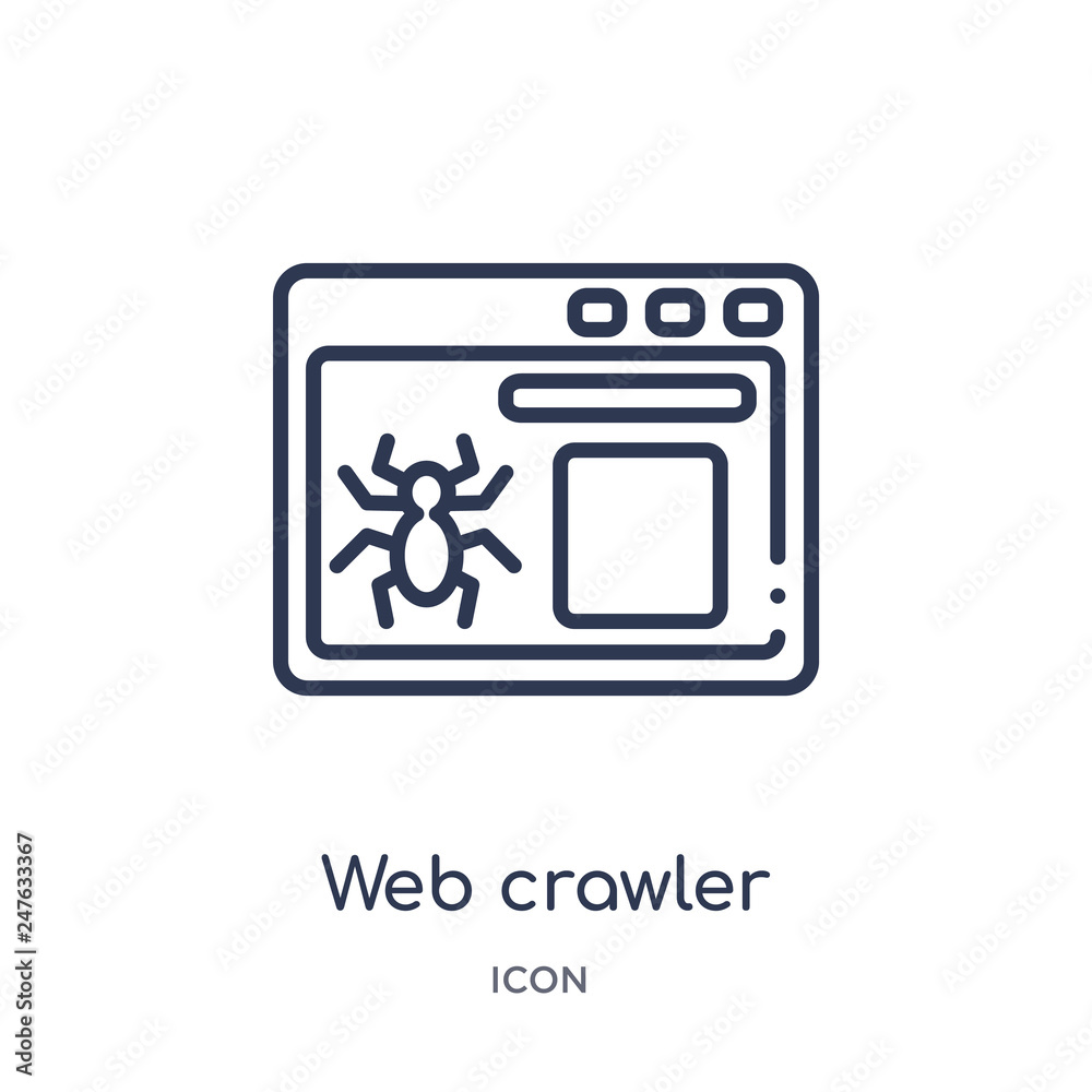 web crawler icon from user interface outline collection. Thin line web crawler icon isolated on white background. web crawler icon from user interface outline collection. Thin line web crawler icon isolated on white background.