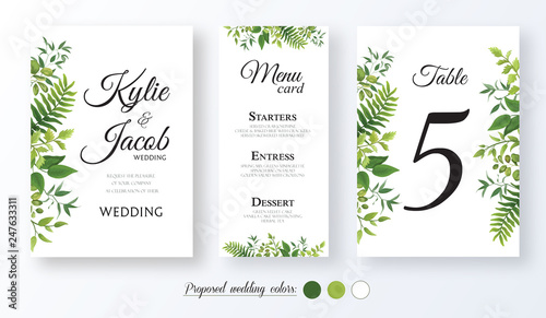 Wedding Invitation, menu card, table number, Floral design with green watercolor fern leaves, foliage greenery decorative frame print. Vector elegant cute rustic greeting, invite, postcard 
