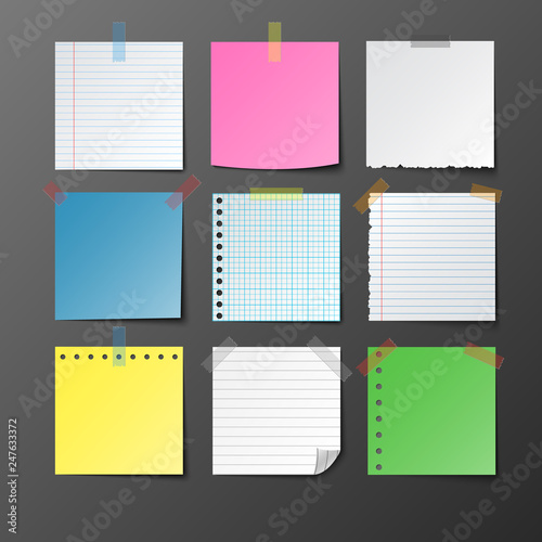 Post note paper set on gray background with shadow, vector illustration