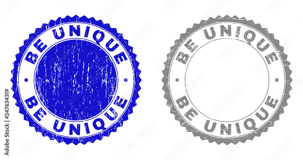 Grunge BE UNIQUE stamp seals isolated on a white background. Rosette seals with distress texture in blue and grey colors. Vector rubber overlay of BE UNIQUE label inside round rosette.