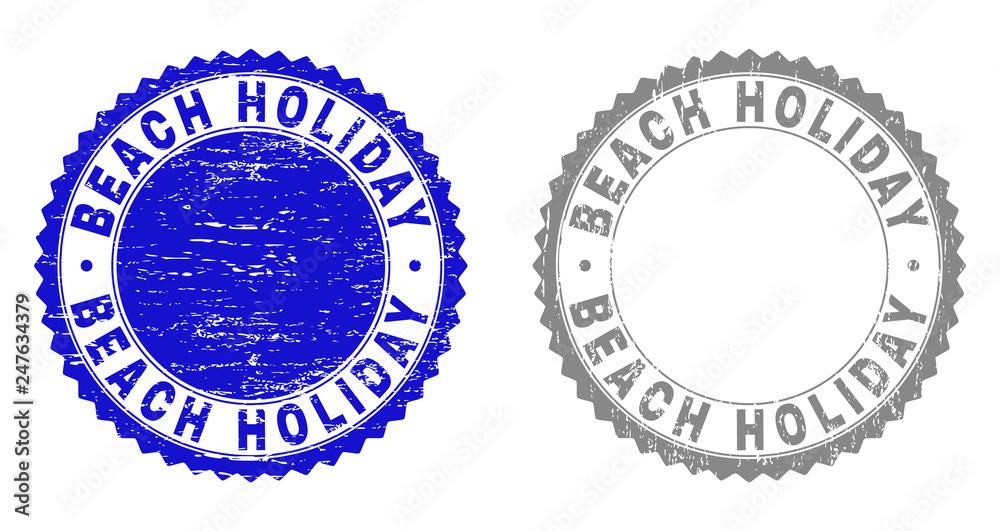 Obraz premium Grunge BEACH HOLIDAY stamp seals isolated on a white background. Rosette seals with grunge texture in blue and grey colors. Vector rubber imitation of BEACH HOLIDAY caption inside round rosette.