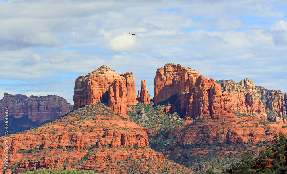 Helicopter flying over Cathedral Rock - Sedona, Arizona