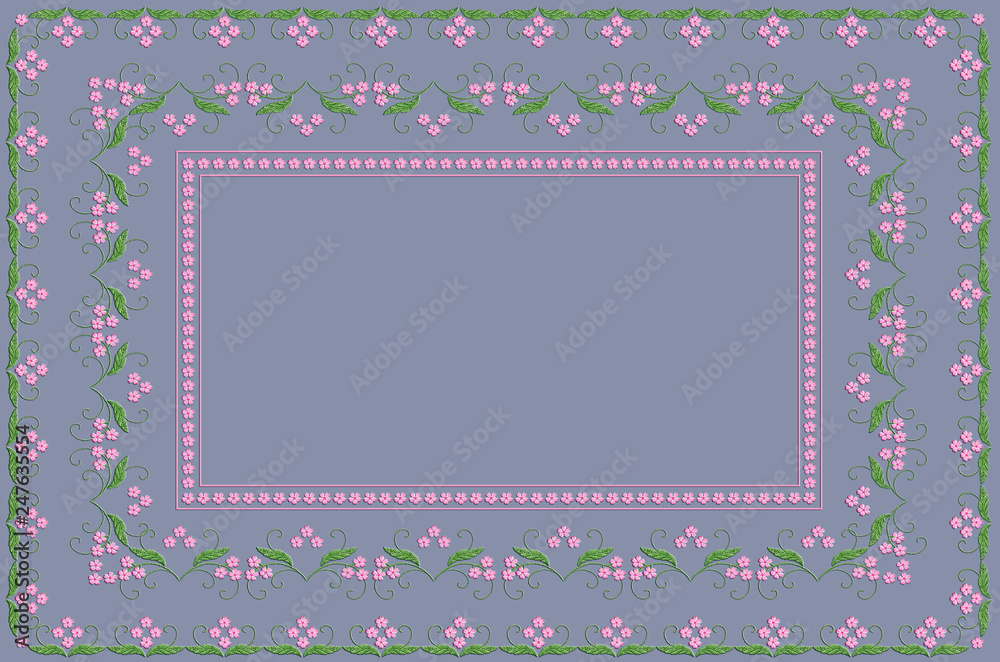 Bluish tablecloth embroidered satin stitch pattern frame of twigs with pink flowers and twists on green leaves Bluish tablecloth embroidered satin stitch pattern frame of twigs with pink flowers and twists on green leaves