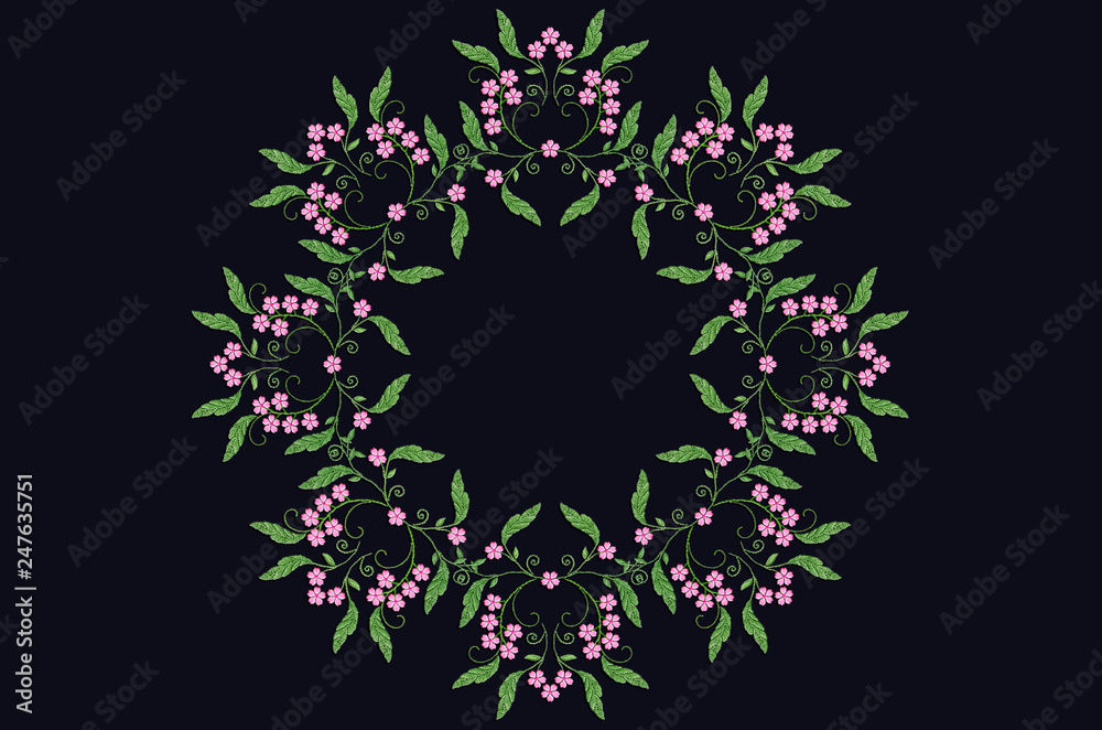 Pattern for embroidery oval wreath of bouquets with pink flowers on twigs with curls and green leaves on a black background
