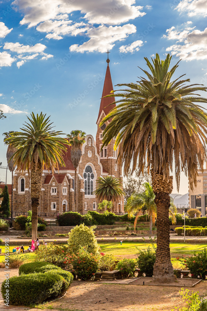 Lutheran Christ Church and park with palms in thefront, Windhoek, Namibia