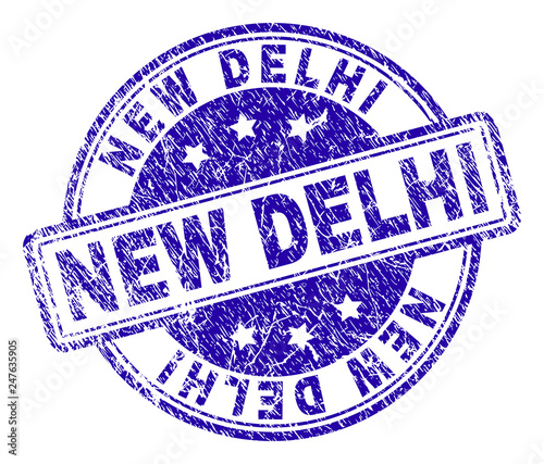 NEW DELHI stamp seal watermark with grunge texture. Designed with rounded rectangles and circles. Blue vector rubber print of NEW DELHI caption with grunge texture.