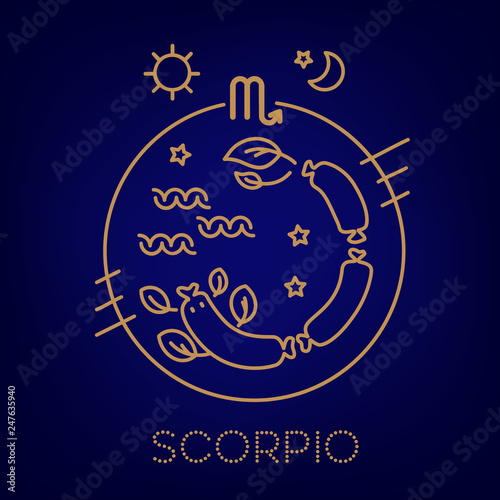 Scorpio vector signs of the zodiac in circles of golden color on a background. Astrological forecast, horoscope for a single sign. Logo, tattoo or illustration. 