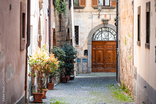 Orvieto  Italy Italian outdoor empty street and building door in Umbria historic city town village cobblestone road typical narrow alley with decorations plants garden