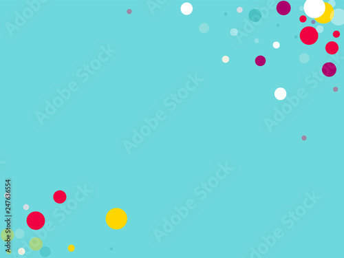 Flying multicolored confetti on a blue background. Red, pink, blue, yellow circles.