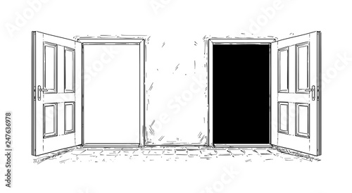 Cartoon doodle drawing of two open wooden decision door. Two choices or ways.