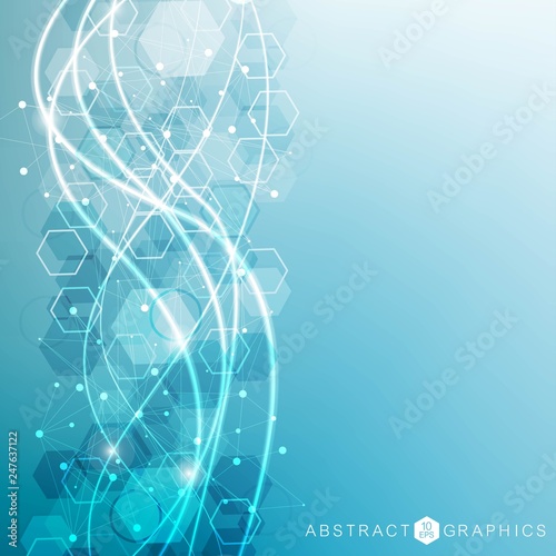 Structure molecule and communication. Dna, atom, neurons. Scientific concept for your design. Connected lines with dots. Medical, technology, chemistry, science background. Vector illustration.