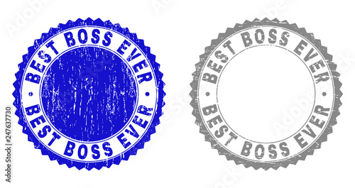 Grunge BEST BOSS EVER stamp seals isolated on a white background. Rosette seals with grunge texture in blue and grey colors. Vector rubber overlay of BEST BOSS EVER text inside round rosette.