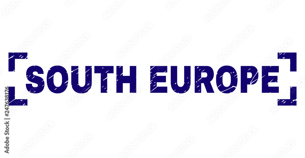 SOUTH EUROPE text seal print with corroded effect. Text tag is placed between corners. Blue vector rubber print of SOUTH EUROPE with grunge texture. SOUTH EUROPE text seal print with corroded effect. Text tag is placed between corners. Blue vector rubber print of SOUTH EUROPE with grunge texture.